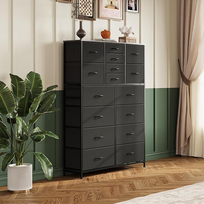 WLIVE Tall Console Table with 16 Fabric Drawers, Entryway Table with Storage, Large Storage Organizer with Wood Top, Steel Frame for Living Room, Hallway, Office, Charcoal Black