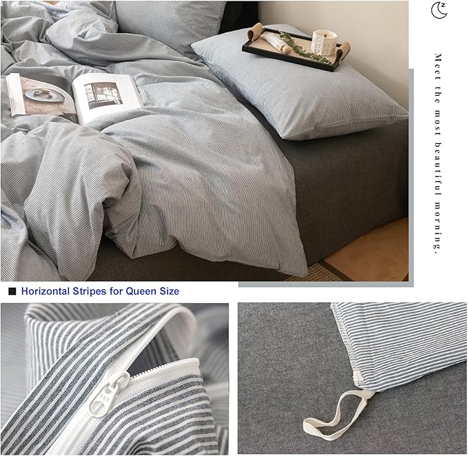 VM VOUGEMARKET Pinstriped Duvet Cover Set Queen 100% Washed Cotton Bedding Set,Grey Ticking Stripes Pattern Duvet Cover with Zipper Closure (3pcs, Horizontal Stripes)