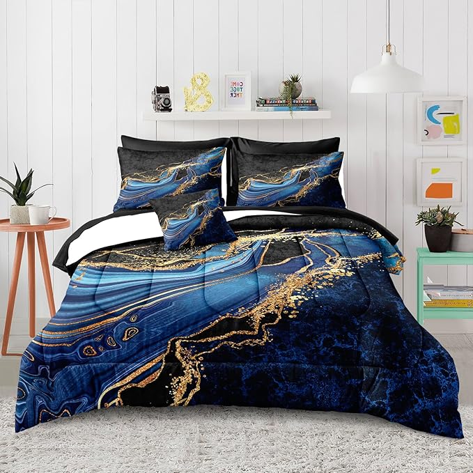 Black Gold Bedding Blue Marble Comforter Set 8 Pieces King Bed in a Bag with 1 Black and Blue Comforter, 1Flat Sheet, 1 Fitted Sheet, 4 Pillowcases, 1 Marble Cushion Cover