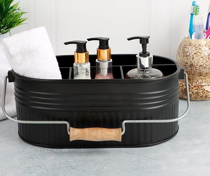 Alpha Living Home Galvanized Utensil Caddy with Handle, 4-Compartment Flatware Organizer for Kitchen Counter, Buffet, BBQ, Picnic, Party – Rustic Farmhouse Style, Matte Black Metal Storage Bin