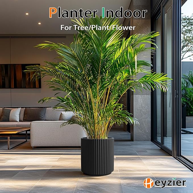 Round Planter Outdoor Indoor, Large Plant Pots for Porch, Patio, Backyard, Modern Decor for Tall Plants, Flowers (Vertical Black, 16 inch - 2 Pack)