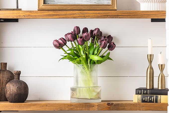 Purple Tulips with Vase Ribbed Glass Vase with 20 Realistic Artificial Flowers Gift Set. Fluted Clear Flower Vase and Fake Tulips Entryway Living Room Table Office Shelf Decor Faux Spring Decor