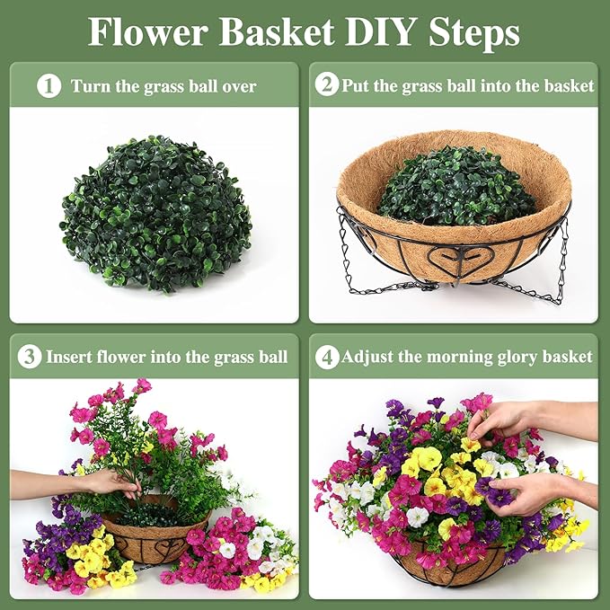 KHOYIME Artificial Hanging Flowers Plants Basket for Outdoors Indoor, 2 Set Faux Silk White Yellow Purple Fuchsia Morning Glory Fake Eucalyptus Planters UV Resistant Spring Summer Home Garden Decor