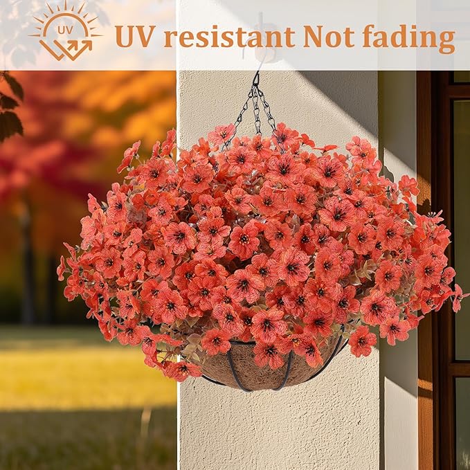 Geegoods 2 Set Artificial Hanging Basket Fall Flowers for Outdoor, Fake Faux UV Resistant Look Real Orange Mums Plants for Autumn Porch Patio Balcony Yard Home Decor