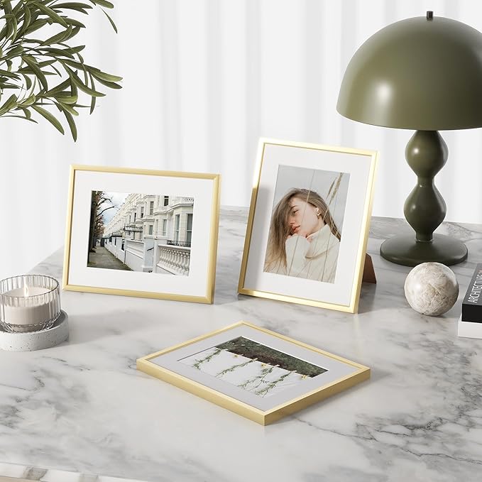 12x16 inch Metal Picture Frame - 12 x 16 Thin Aluminum Photo Frames with 9x12 Removable Mat - High Definition Plexiglass - Vertical and Horizontal Display - Wall Hook Hanging Hardware Included - Gold, Set of 1