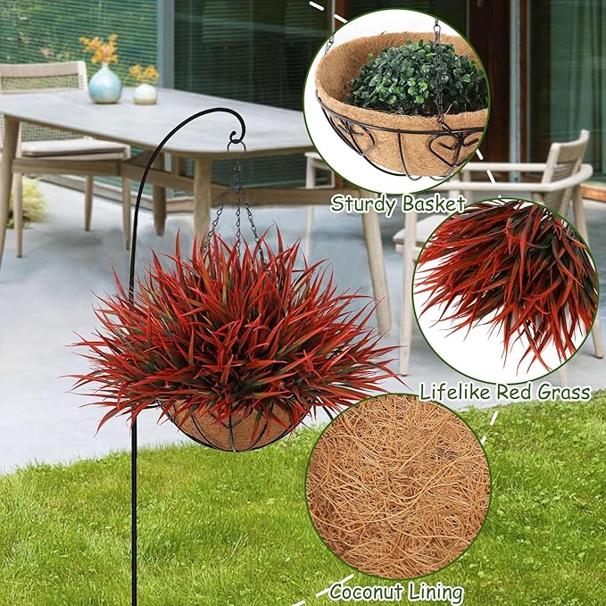 KHOYIME 2 Set Artificial Hanging Plants Basket for Outdoors Indoor, Faux Red Grass Baskets Fake Greenery Stems Planters UV Resistant Spring Summer Decor for Home Garden Porch Balcony Patio Yard