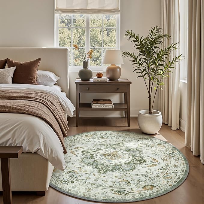 PADOOR-Vintage 6FT Round Rug-Rugs for Living Room-Soft Green Circle Rug-Machine Washable Rugs for Bedroom-Non Slip Carpet-Rug for Dining Room Living Room Bedside Office