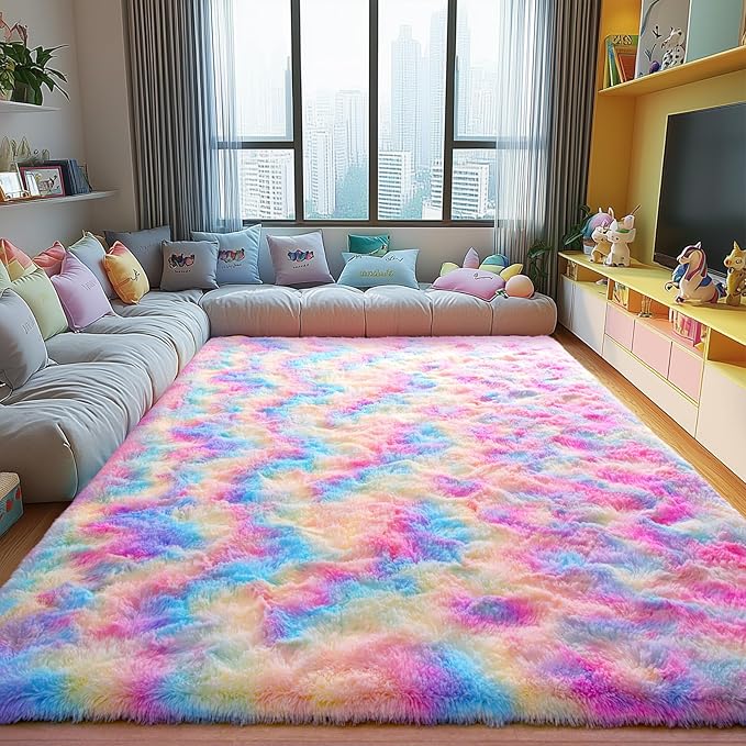 Rainbow Area Rugs for Girls Bedroom, 5x8 Fluffy Fuzzy Shaggy Carpet for Kids Playroom Nursery Living Room, Thick Soft Plush Mat for Kids Baby Boys Teen Dorm Home Decor Aesthetic