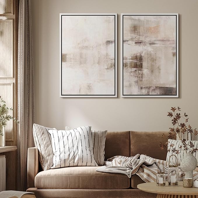 MUDECOR Framed Canvas Print Wall Art Set Abstract Lake and Mountain Serene Landscape Illustrations Modern Art Decorative Bohemian Calm/Zen for Living Room, Bedroom, Office - 24"x36"x2 White