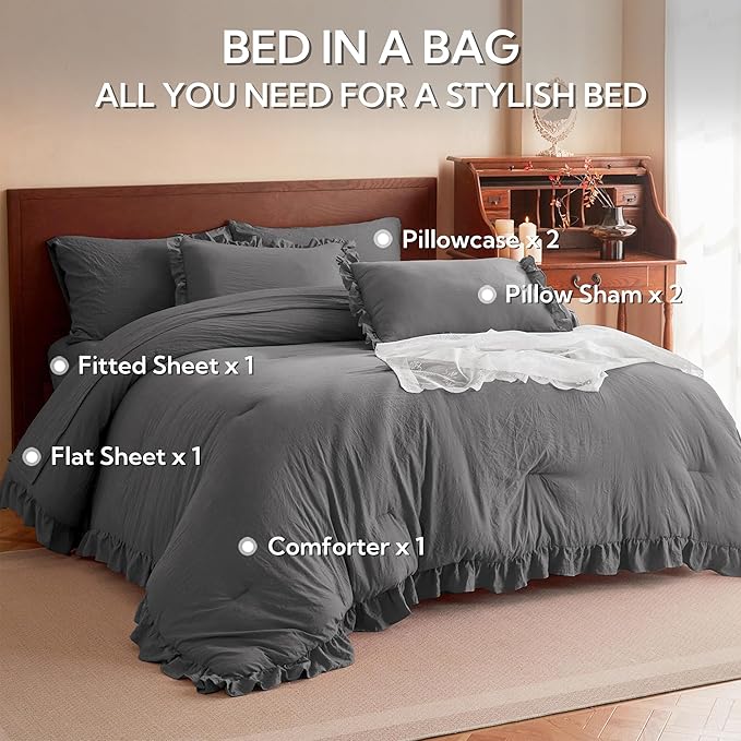 MR&HM Full Ruffle Comforter Set Dark Grey, Farmhouse Shabby Chic Bed Comforter Set, Boho Bed in a Bag Set 7 Pieces with 1 Comforter, 1 Flat Sheet, 1 Fitted Sheet, 2 Pillowcases & 2 Pillow Shams