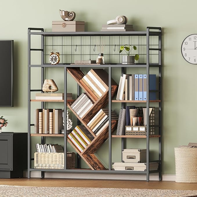 Triple 5-Tier Bookshelf, Industrial Large Bookcase with 14 Open Display Shelves, Modern Tree Bookcase with Metal Frame and Hanging Function for Living Room, Home Office, Rustic Brown and Black