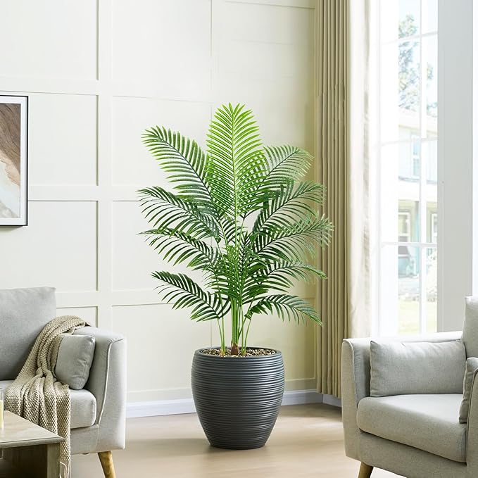 Artificial Palm Tree 4FT Artificia Plants Indoor Fake Trees Tropical Fake Plam Tree Floor Plant in White Pot with 13 Trunks & Real Bark Design Faux Palm Plant for Outdoor Home Room Decor