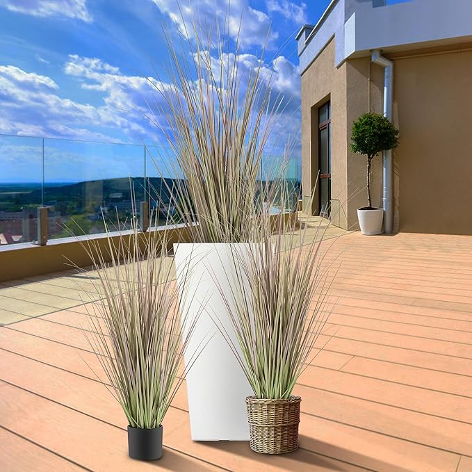 KOL 4FT 2-Pack Artificial Onion Grasses, 47.2’’ Indoor Outdoor Fake Grass Plant, Home Office Wedding Decoration, Faux Greenery Plants & Flowers in Pot, UV Resistant, Housewarming Gift, Purple