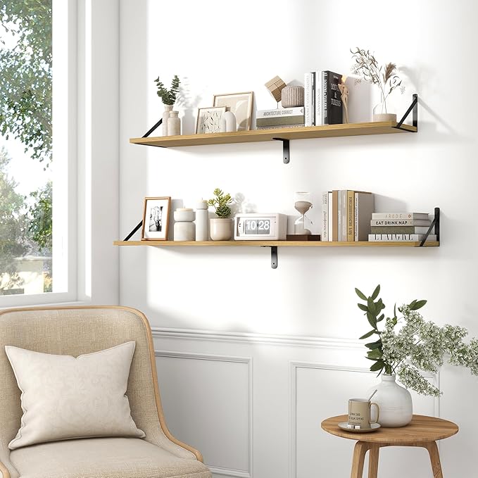Fun Memories Deep Floating Shelves for Wall, 48W x 8D Wall Mounted Shelves Set of 2, Wide Display Ledge Shelf with Sturdy Metal Brackets for Living Room, Bathroom, Bedroom and Kitchen, Oak