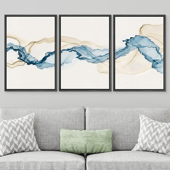 SIGNWIN Framed Canvas Print Wall Art Set Blue Tan Smoke Wave Landscape Abstract Shapes Illustrations Modern Art Decorative Contemporary Colorful for Living Room, Bedroom, Office - 24"x36"x3 Black