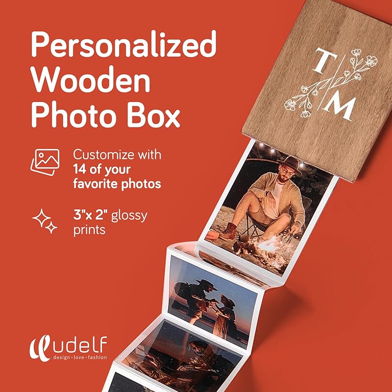 Personalized Wooden Photo Box Gift with Initials-Picture Box Gift, Wedding Keepsake Box, Anniversary Box-Custom Gifts- Romantic Gift Photo Memory Storage Box-10 Pull Out Photo, 3"x2"(Initial-Vertical)
