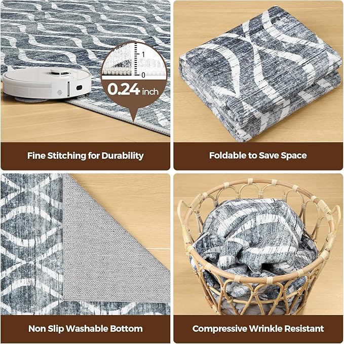 WITSHOCK Boho 8x10 Rugs for Bedroom - Washable Non-Slip Large Thin Indoor Rug for Living Room Dining Room, Soft Modern Geometric Low Pile Print Dark Blue Carpet for Nursery, Kid & Pet Friendly