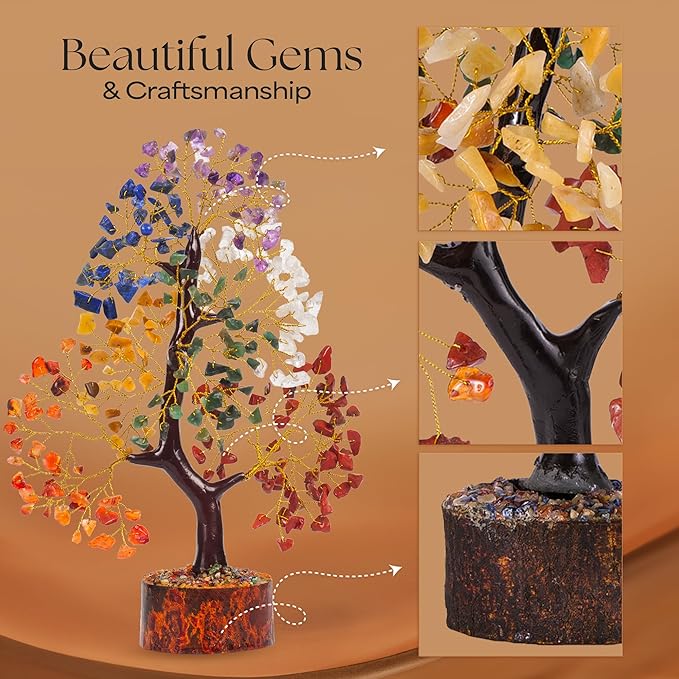 Crystal Tree of Life with Seven Chakra Tumble Hanging, 7 Chakra Healing Crystal Tree, Office Desk Decor, Room Decor, Bonsai Trees for Positive Energy, Money, Good Luck Birthday Gifts for Women 10-12"
