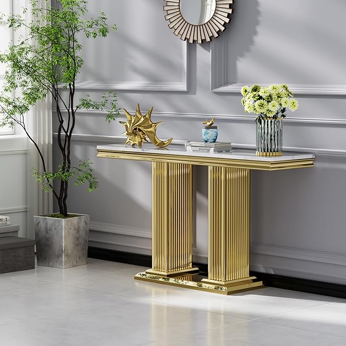 SSLine Modern White Faux Marble Console Table Luxury Entryway Table with Gold Pedestal Base 46.8" Mid-Century Elegant Sofa Table w/Mirrored Stainless Steel Frame for Living Room Hallway