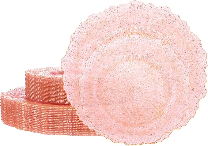 U-QE 60PCS Pink Plates for Party - Pink Plastic Plates Disposable&Reusable - Clear Pink Heavy Duty Plastic Plates for Party Including 30 Plastic Dinner Plates 10" & 30 Plastic Dessert Plates 7"
