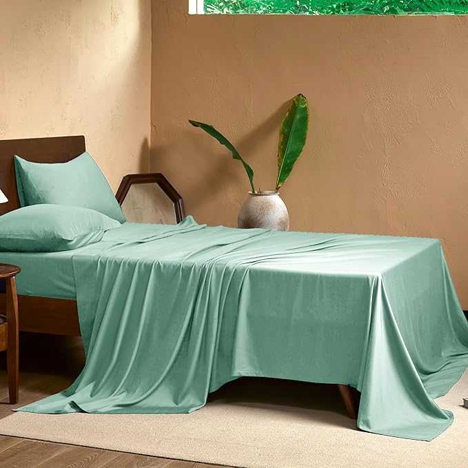EVERLY King Sheets Set,Luxuriously 400 Thread Count Organic Viscose Derived from Bamboo Bed Sheet,Cooling Sheets for King Size 4 Piece Deep Pockets Bedding Sheets &Pillowcases-Water Green