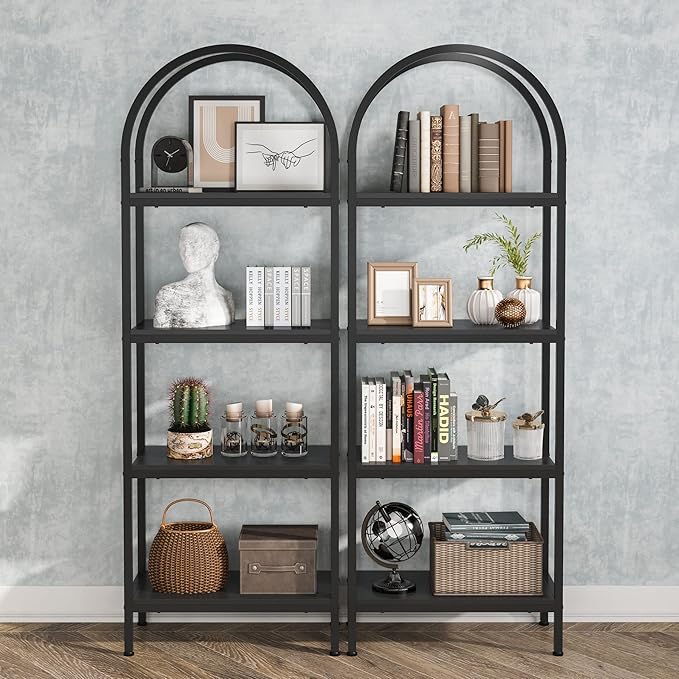 Tribesigns 4-Tier Open Bookshelf Set of 2, 70.8" Industrial Wood Bookcase with Metal Frame, Freestanding Display Rack Tall Shelving Unit for Office, Bedroom (Black, 2PCS)