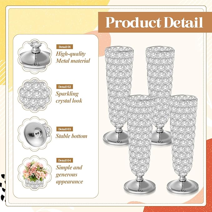 Rtteri 4 Pcs 12 Inch Tall Crystal Vase for Centerpieces Wedding Metal Crystal Trumpet Flower Vase Stand for Table Floor Wedding Party Favor Banquet Celebration, Classic Elegance(Silver)