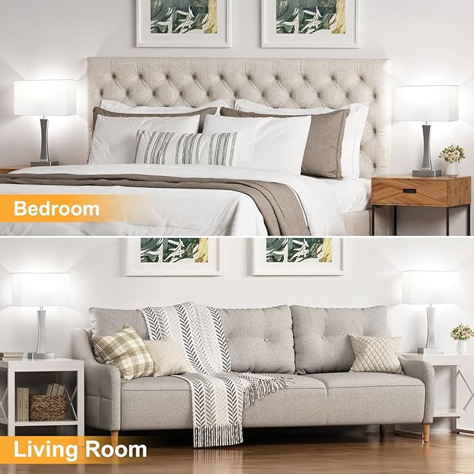 Bedside Lamps for Night Stands - 3 Way Dimmable Table Lamp for Bedroom with USB C+A Ports,Modern Bedside Lamps Set of 2, Touch Lamps for Nightstands(Silver)