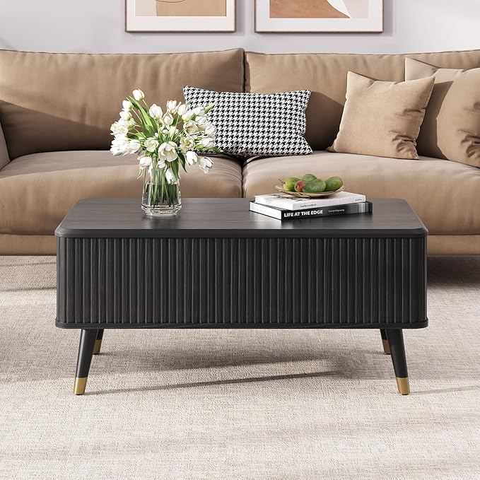 Lift Top Coffee Table, Mid Century Modern Coffee Table with Hidden Storage Compartment, 38" Fluted Center Table for Living Room, Home Office, Black