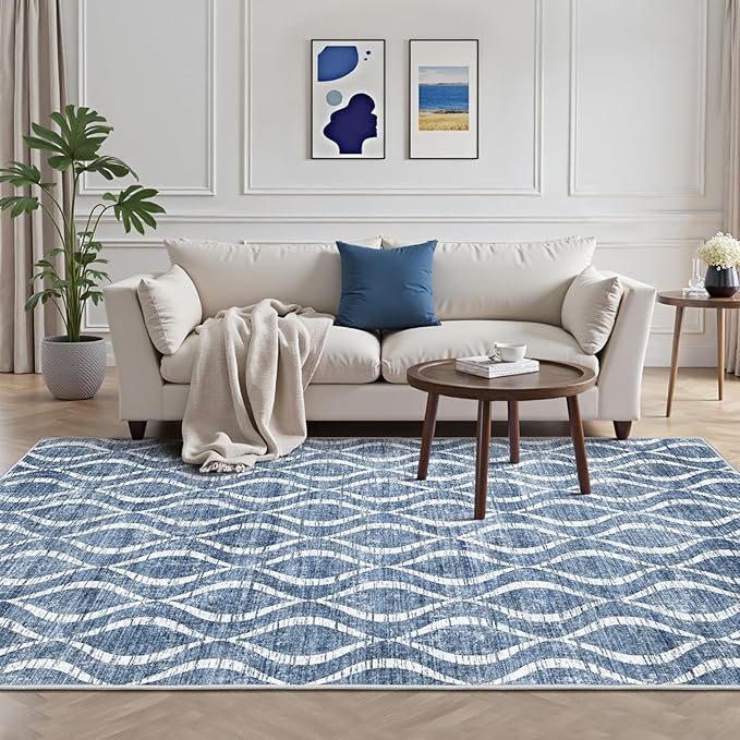 WITSHOCK Area Rugs for Living Room 5x8: Washable Non-Slip Soft Geometric Large Indoor Rug for Bedroom Dining Room, Low Pile Boho Pattern Carpet for Nursery Playroom Decor, Kid & Pet Friendly, Blue