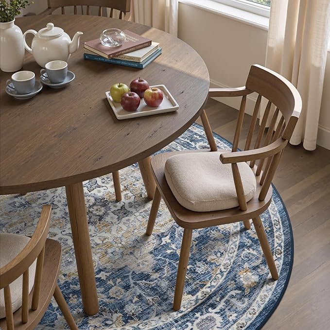 PADOOR-Vintage 6FT Round Rug-Rugs for Living Room-Soft Blue Circle Rug-Machine Washable Rugs for Bedroom-Non Slip Carpet-Rug for Dining Room Living Room Bedside Office