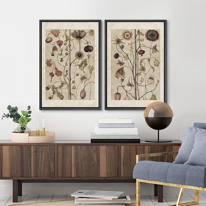 MUDECOR Framed Canvas Print Wall Art Wildflower Floral Botanical Nature Illustration Modern Art Decorative Multicolor Geometric Minimal for Bedroom - 16"x24"x2 Black