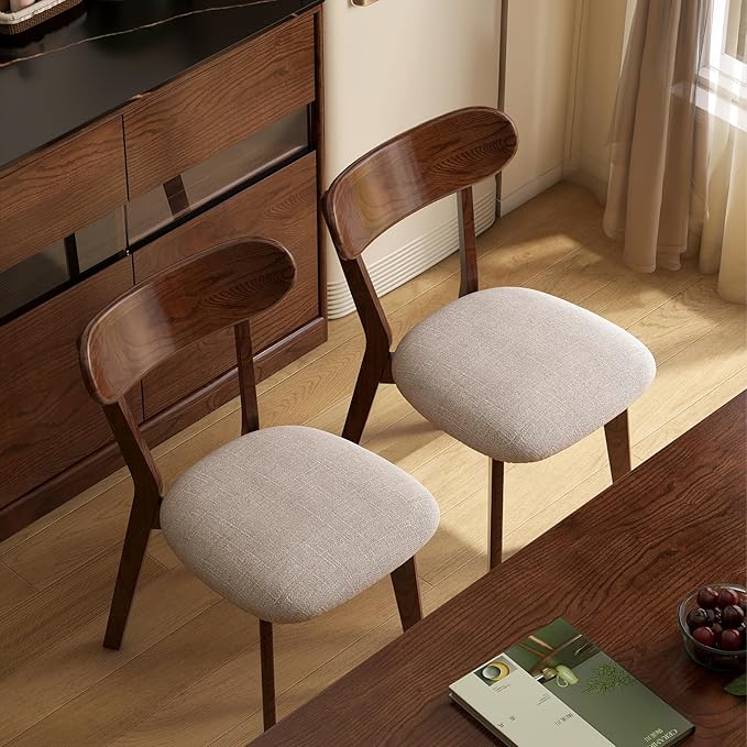 100% Solid Oak Wood Dining Room Chairs - Practical Kitchen Chairs - Wood Chair for Dining Room, Kitchen (2, Walnut with Grey Cushion)