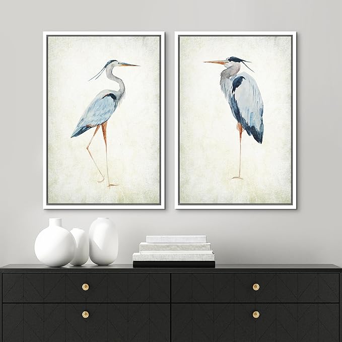 MUDECOR Framed Canvas Print Wall Art Heron Bird Illustrations Modern Art Decorative Bohemian Colorful Chic for Living Room, Bedroom, Office - 16"x24"x2 White