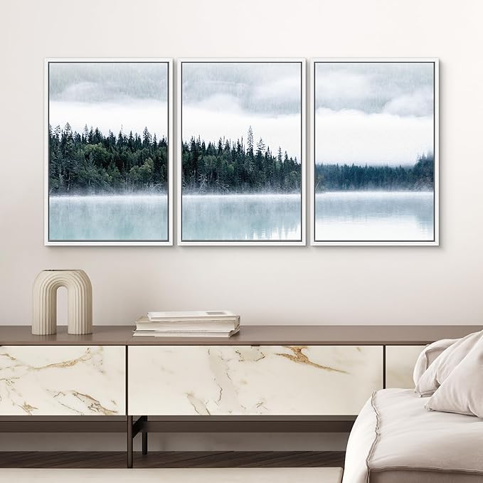 SIGNWIN Framed Canvas Print Wall Art Set Film Grain Cinematic Mountain Forest Lake Nature Wilderness Photography Modern Art Landscape Relax/Calm for Living Room, Bedroom, Office - 16"x24"x3 White