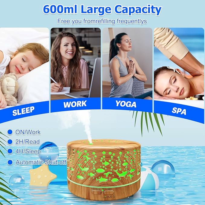 Diffusers for Essential Oils Large Room with R/C,600ml Essential Oil Diffusers for Home,Waterless Auto Off 7 Colors Changed 3 Mist Modes,Cool Mist Humidifiers for House Bedroom Decor,Gifts,Light Wood