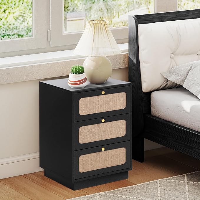 Nightstand with 3 Drawers Set of 2, Mid Century Modern Night Stand with Linen Drawers & Stable Legs, Wood Rustic Bedside Table End Table Side Table for Bedroom, Black