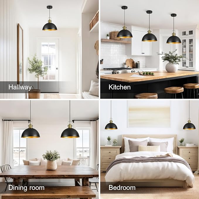 12 Inch Black Farmhouse Pendant Lights for Kitchen Island Industrial Pendant Lighting Adjustable Height Vintage Dome Hanging Light Fixtures for Barn, Dining Room