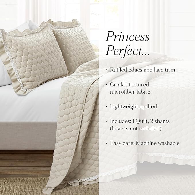 Lush Decor Ella Ruffle Lace Quilt, 3 Piece Set, Full/Queen, Neutral - Cute Quilt - Queen Bedding Set - Beige Bedding Full Size - Coquette Decor - Neutral Ruffle Trim - Beige Lace Trim