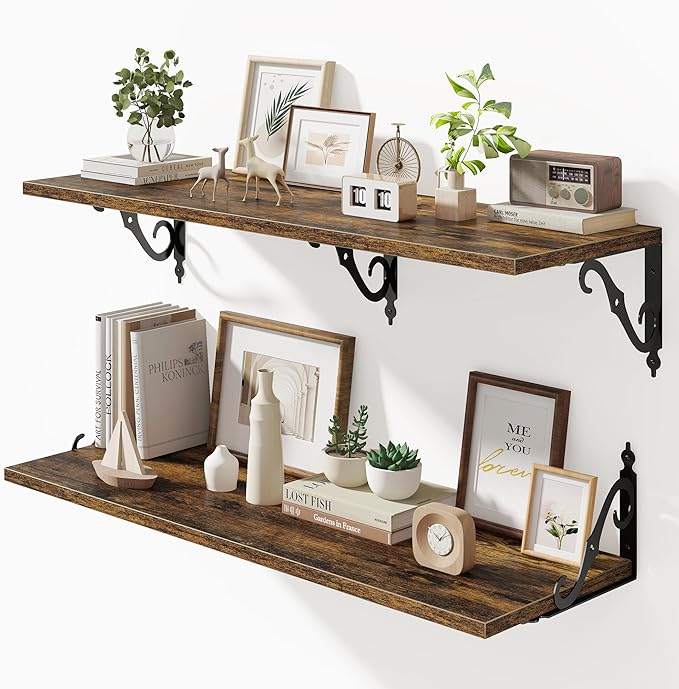 Fun Memories 36 Inches Floating Shelves, Rustic Long Wall Shelves, 12 Inch Deep Book Shelf Wall Mounted, Wide Display & Storage Shelves for Living Room, Bathroom, Bedroom, Rustic Brown, Set of 2
