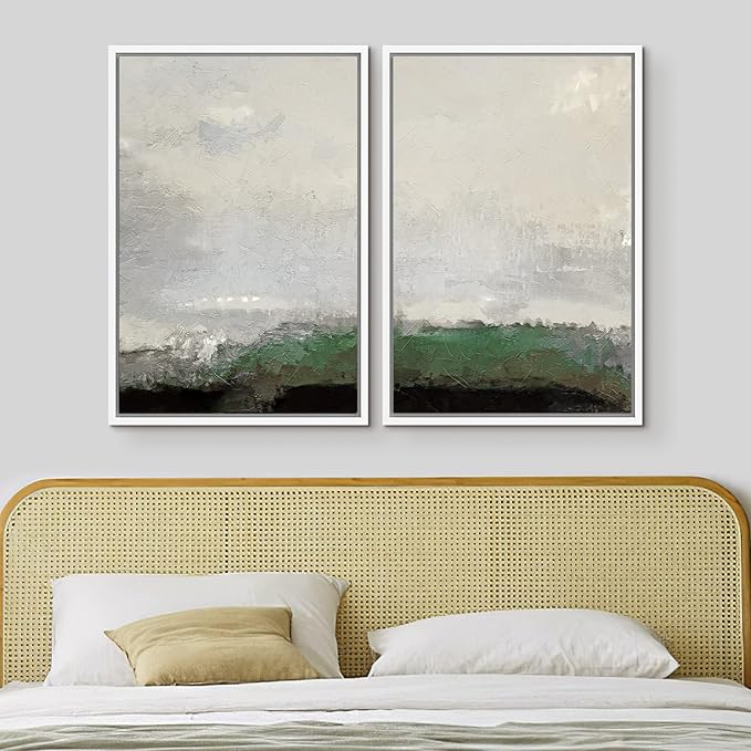 MUDECOR Framed Canvas Print Wall Art Set Watercolor Pastel Green Gray Landscape Abstract Shapes Illustrations Modern Art Decorative for Living Room, Bedroom, Office - 24"x36"x2 White