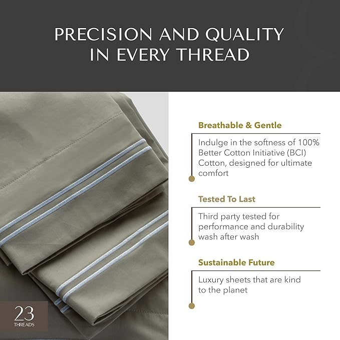 23 THREADS Z101 Series 100% Cotton Bed Sheets and Pillowcases Set, 15 Inch Deep Pocket, Luxury Sustainable Bedding Linen, King, Smokey Taupe