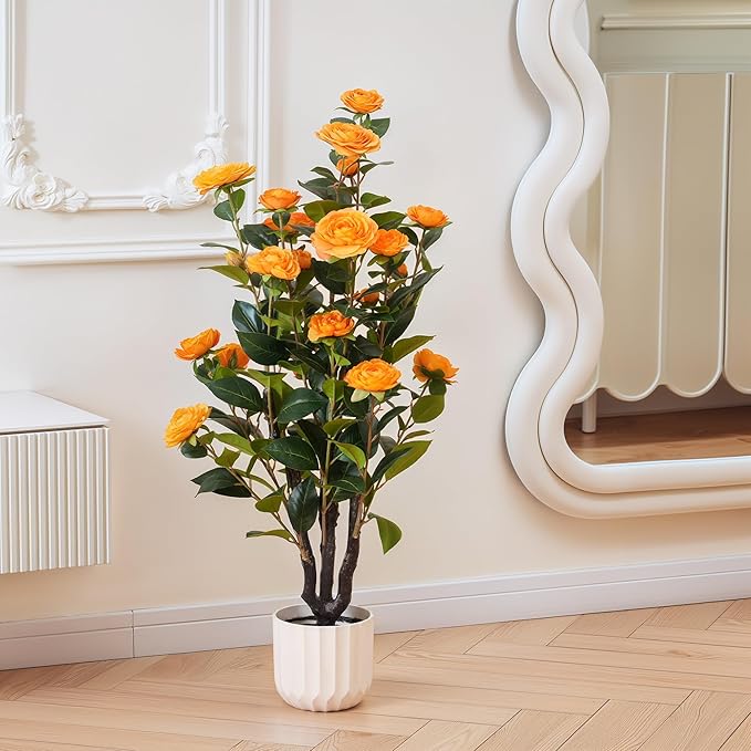 3.2FT Artificial Camellia Tree, Orange Silk Flowers, Indoor Faux Plants with Realistic Trunk in White Cement Pot for Home House Living Room Bedroom Office Decor, 1pc