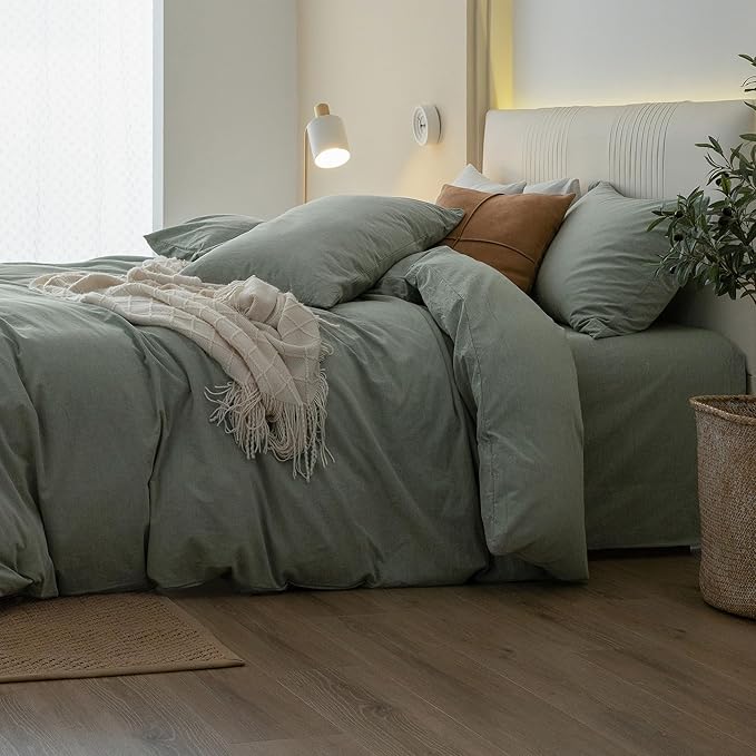 JIYUAN 100% Washed Cotton Duvet Cover Set 3 Pieces Cal King, 1 Duvet Cover 104x98 Inches(Comforter Not Included) and 2 Pillowcases,Linen Feel Bedding Set Comfy and Breathable, Heathered Green