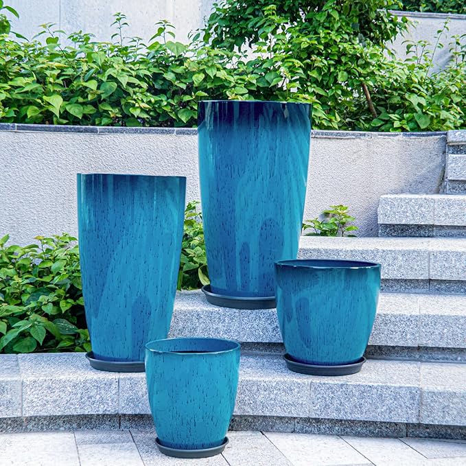 ZMTECH 24/21/12/10" H Large Plastic Planters with Drainage Hole & Saucer, Set of 4 Tall Plant Pots for Indoor/Outdoor Use, Gradient Blue Glossy Smooth Flower Pot for Front Porch Patio Garden