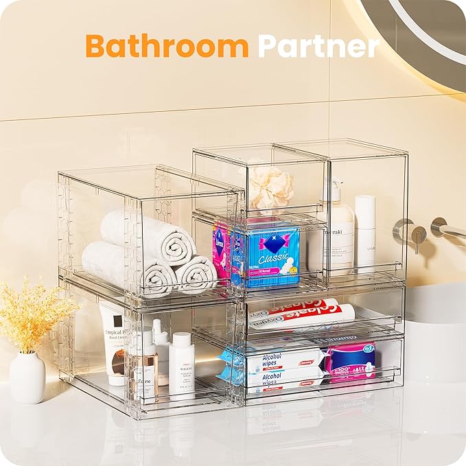 【𝟮𝗣𝗖𝗦】A-LUGEI Acrylic Stackable Storage Drawers, 7.5"L Makeup Organizer, Bathroom Organizer and Storage, Plastic Storage Bins for Kitchen Cabinet Pantry Medicine Fridge