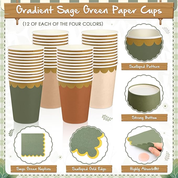 338 Pcs Sage Green and Brown Plates and Napkins Party Supplies for Guests Woodland Baby Shower Tableware Include Forest Scalloped Plates Paper Napkin Cup Spoon Fork Knife for Wedding Birthday