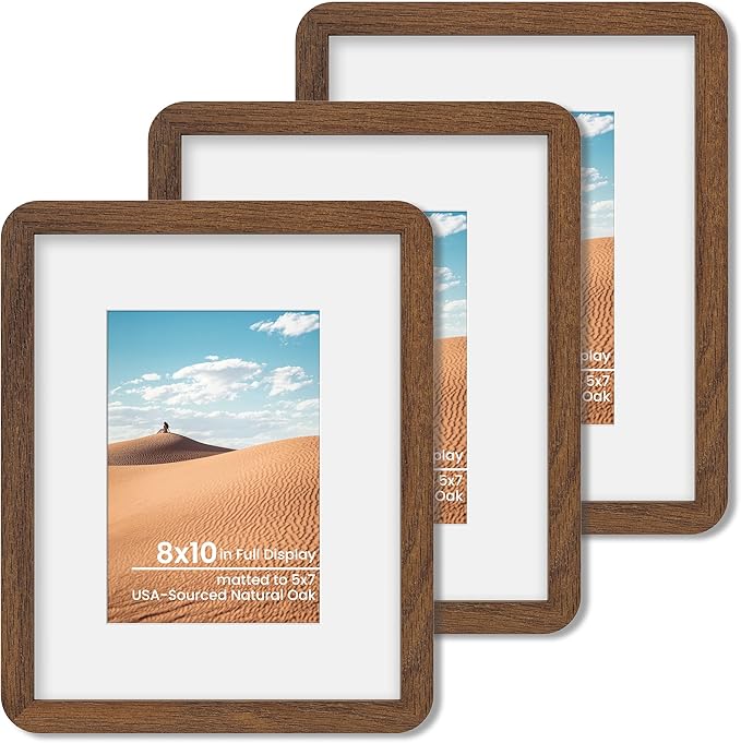 Dreamland 8x10 Round Corner Picture Frame, Solid Oak Photo Frame With Mat For 5x7, Plexiglass Framing Includes Hanging Hardware For Vertical Or Horizontal Wall Frame, Walnut, 3 Pack