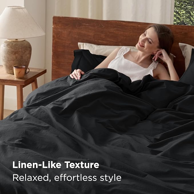 Bedsure 100% Washed Cotton Duvet Cover King Size - Black Minimalist Cotton Duvet Cover Linen Like for All Seasons - GentleSoft™ Plain Simple Bedding, 3 Pieces (Black, King, 104"x90")