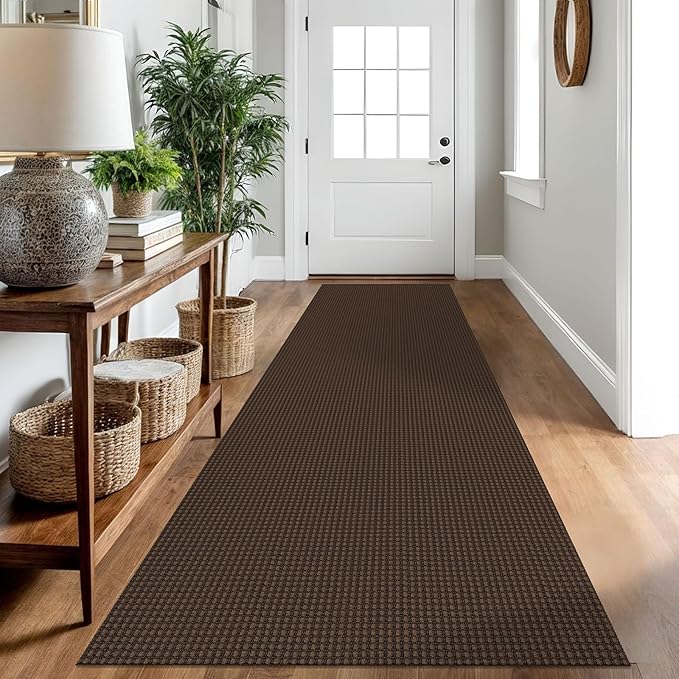 IOHOUZE Washable Runner Rug 2.6x10 Non Slip Rubber Backed Long Hallway Runner Entryway Runner Indoor, Kitchen Rugs Woven Cotton Floor Carpet for Hall Entrance, Brown